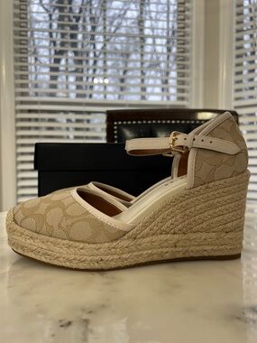 Coach Beige Signature Canvas Espadrille Wedge Sandals